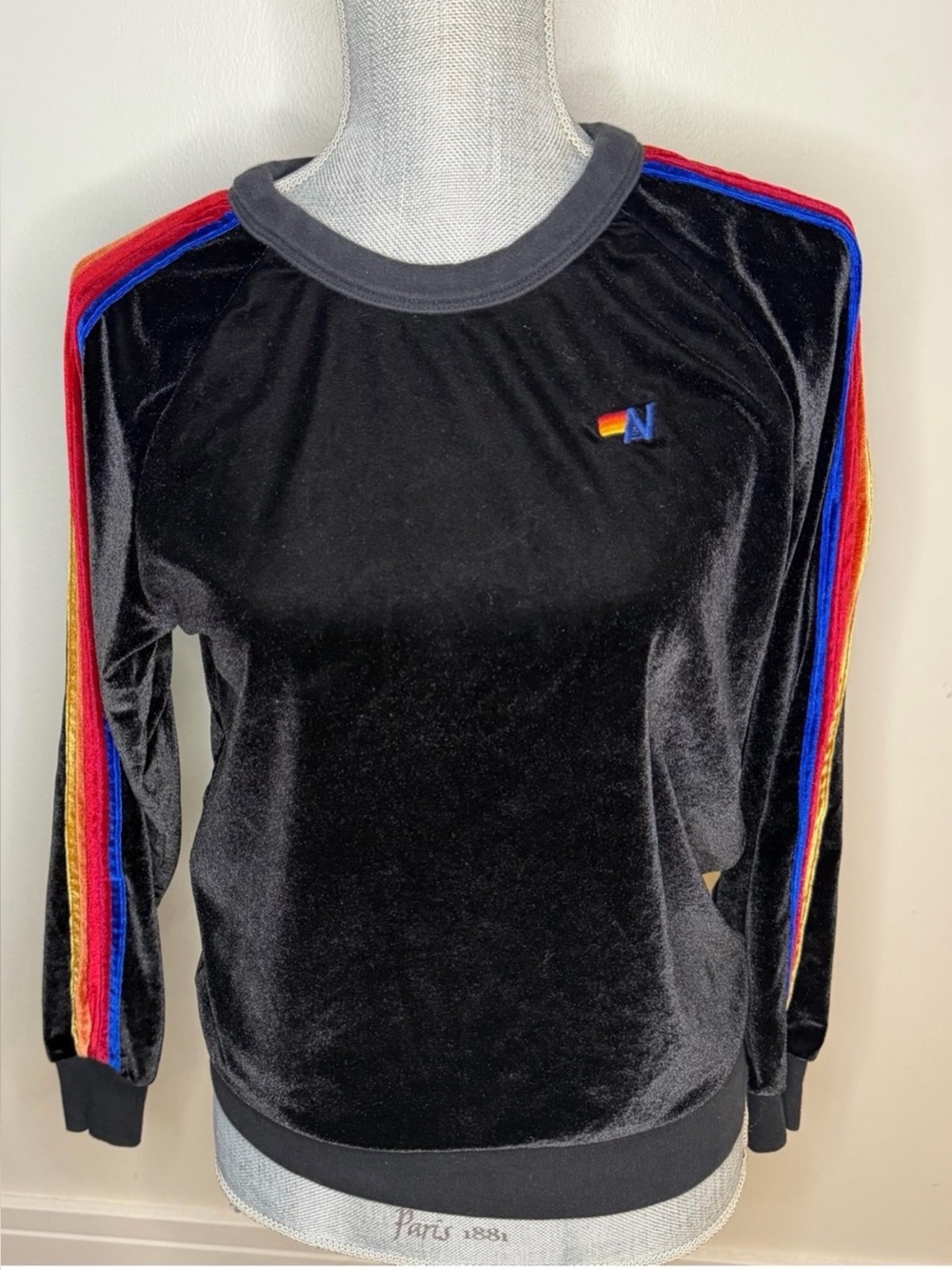 Aviator nation Black Velvet Crewneck with Rainbow Sleeve Stripes, XS